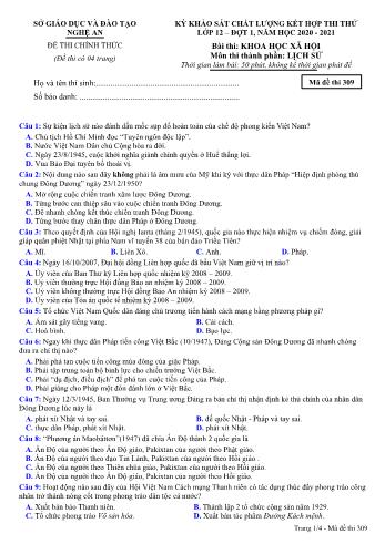 Đề thi thử THPT đợt 1 môn Lịch sử 12 (Mã đề 309) - Năm học 2020- 2021 (Kèm đáp án)