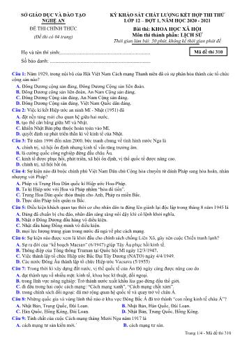 Đề thi thử THPT đợt 1 môn Lịch sử 12 (Mã đề 310) - Năm học 2020- 2021 (Kèm đáp án)