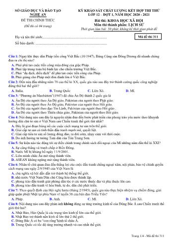 Đề thi thử THPT đợt 1 môn Lịch sử 12 (Mã đề 311) - Năm học 2020- 2021 (Kèm đáp án)