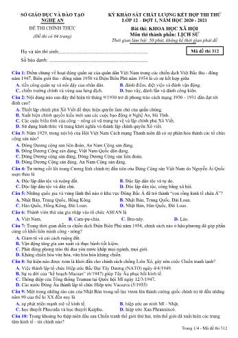 Đề thi thử THPT đợt 1 môn Lịch sử 12 (Mã đề 312) - Năm học 2020- 2021 (Kèm đáp án)