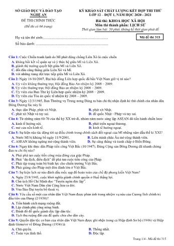 Đề thi thử THPT đợt 1 môn Lịch sử 12 (Mã đề 315) - Năm học 2020- 2021 (Kèm đáp án)