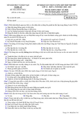 Đề thi thử THPT đợt 1 môn Lịch sử 12 (Mã đề 316) - Năm học 2020- 2021 (Kèm đáp án)