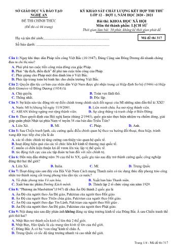 Đề thi thử THPT đợt 1 môn Lịch sử 12 (Mã đề 317) - Năm học 2020- 2021 (Kèm đáp án)