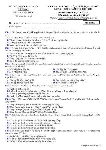 Đề thi thử THPT đợt 1 môn Lịch sử 12 (Mã đề 318) - Năm học 2020- 2021 (Kèm đáp án)