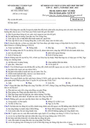 Đề thi thử THPT đợt 1 môn Lịch sử 12 (Mã đề 319) - Năm học 2020- 2021 (Kèm đáp án)