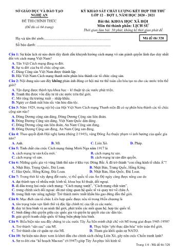 Đề thi thử THPT đợt 1 môn Lịch sử 12 (Mã đề 320) - Năm học 2020- 2021 (Kèm đáp án)
