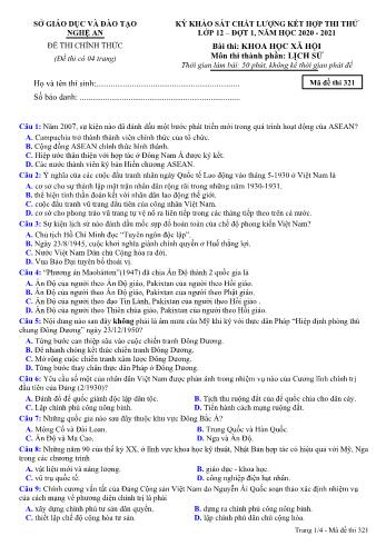 Đề thi thử THPT đợt 1 môn Lịch sử 12 (Mã đề 321) - Năm học 2020- 2021 (Kèm đáp án)