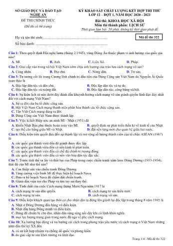 Đề thi thử THPT đợt 1 môn Lịch sử 12 (Mã đề 322) - Năm học 2020- 2021 (Kèm đáp án)