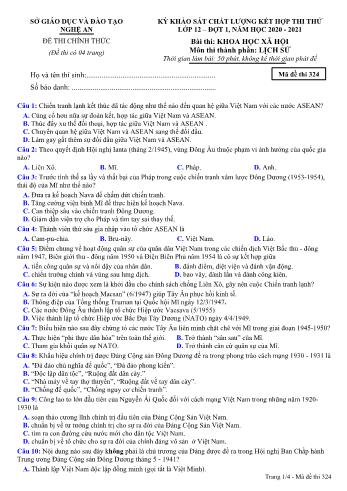 Đề thi thử THPT đợt 1 môn Lịch sử 12 (Mã đề 324) - Năm học 2020- 2021 (Kèm đáp án)
