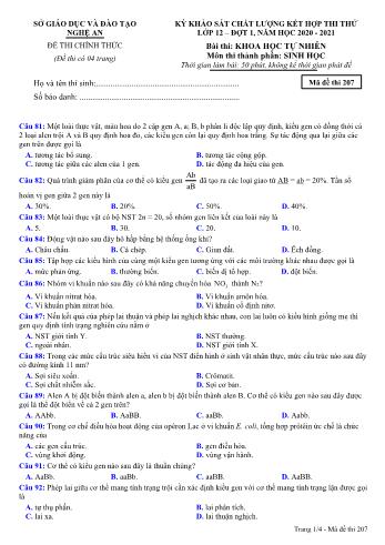 Đề thi thử THPT đợt 1 môn Sinh học 12 (Mã đề 207) - Năm học 2020- 2021 (Kèm đáp án)