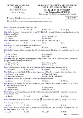 Đề thi thử THPT đợt 1 môn Sinh học 12 (Mã đề 208) - Năm học 2020- 2021 (Kèm đáp án)