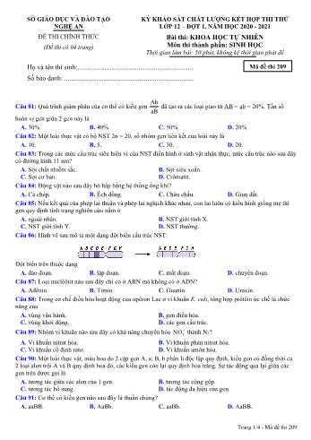 Đề thi thử THPT đợt 1 môn Sinh học 12 (Mã đề 209) - Năm học 2020- 2021 (Kèm đáp án)