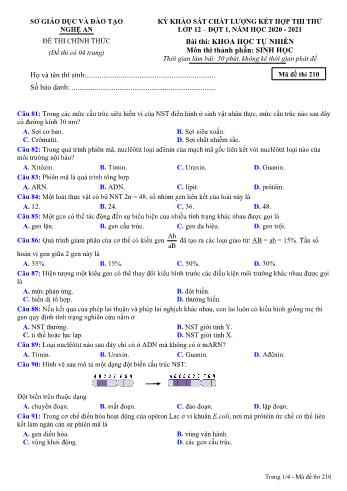 Đề thi thử THPT đợt 1 môn Sinh học 12 (Mã đề 210) - Năm học 2020- 2021 (Kèm đáp án)