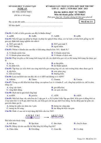 Đề thi thử THPT đợt 1 môn Sinh học 12 (Mã đề 211) - Năm học 2020- 2021 (Kèm đáp án)