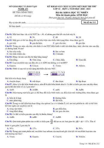 Đề thi thử THPT đợt 1 môn Sinh học 12 (Mã đề 212) - Năm học 2020- 2021 (Kèm đáp án)