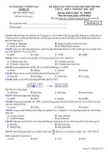 Đề thi thử THPT đợt 1 môn Sinh học 12 (Mã đề 213) - Năm học 2020- 2021 (Kèm đáp án)