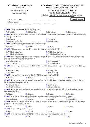 Đề thi thử THPT đợt 1 môn Sinh học 12 (Mã đề 214) - Năm học 2020- 2021 (Kèm đáp án)