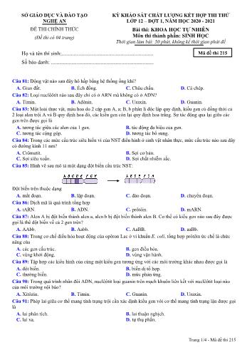 Đề thi thử THPT đợt 1 môn Sinh học 12 (Mã đề 215) - Năm học 2020- 2021 (Kèm đáp án)