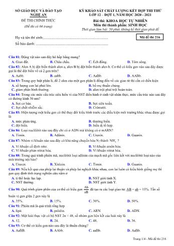 Đề thi thử THPT đợt 1 môn Sinh học 12 (Mã đề 216) - Năm học 2020- 2021 (Kèm đáp án)