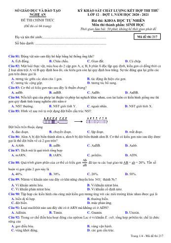Đề thi thử THPT đợt 1 môn Sinh học 12 (Mã đề 217) - Năm học 2020- 2021 (Kèm đáp án)