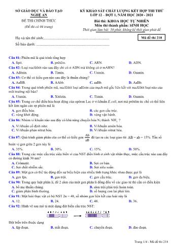 Đề thi thử THPT đợt 1 môn Sinh học 12 (Mã đề 218) - Năm học 2020- 2021 (Kèm đáp án)