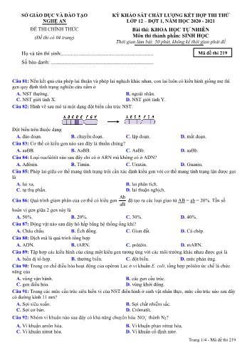 Đề thi thử THPT đợt 1 môn Sinh học 12 (Mã đề 219) - Năm học 2020- 2021 (Kèm đáp án)