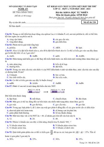 Đề thi thử THPT đợt 1 môn Sinh học 12 (Mã đề 220) - Năm học 2020- 2021 (Kèm đáp án)