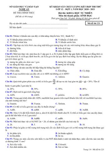 Đề thi thử THPT đợt 1 môn Sinh học 12 (Mã đề 221) - Năm học 2020- 2021 (Kèm đáp án)