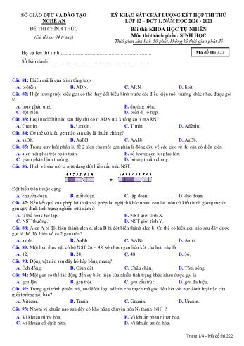 Đề thi thử THPT đợt 1 môn Sinh học 12 (Mã đề 222) - Năm học 2020- 2021 (Kèm đáp án)