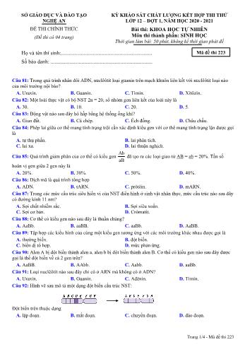 Đề thi thử THPT đợt 1 môn Sinh học 12 (Mã đề 223) - Năm học 2020- 2021 (Kèm đáp án)