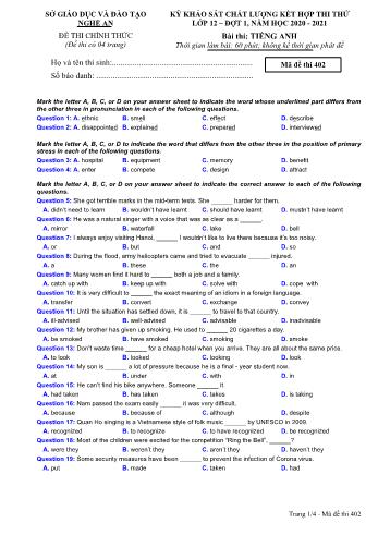 Đề thi thử THPT đợt 1 môn Tiếng Anh 12 (Mã đề 402) - Năm học 2020- 2021 (Kèm đáp án)