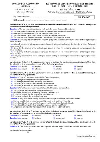 Đề thi thử THPT đợt 1 môn Tiếng Anh 12 (Mã đề 403) - Năm học 2020- 2021 (Kèm đáp án)