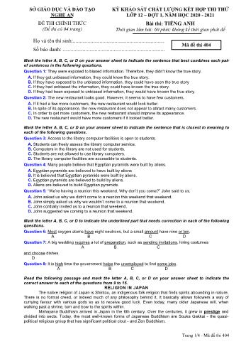 Đề thi thử THPT đợt 1 môn Tiếng Anh 12 (Mã đề 404) - Năm học 2020- 2021 (Kèm đáp án)