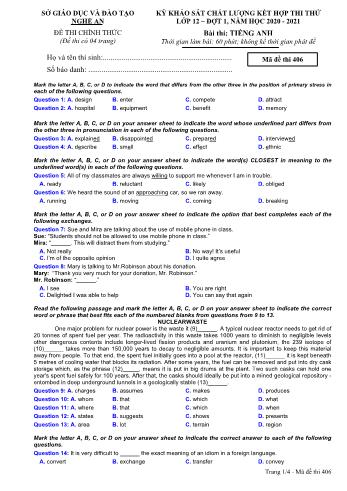 Đề thi thử THPT đợt 1 môn Tiếng Anh 12 (Mã đề 406) - Năm học 2020- 2021 (Kèm đáp án)