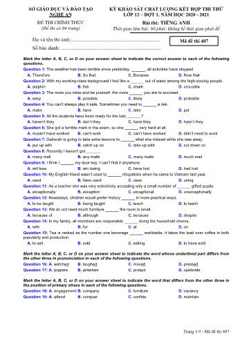 Đề thi thử THPT đợt 1 môn Tiếng Anh 12 (Mã đề 407) - Năm học 2020- 2021 (Kèm đáp án)