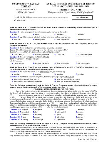 Đề thi thử THPT đợt 1 môn Tiếng Anh 12 (Mã đề 409) - Năm học 2020- 2021 (Kèm đáp án)