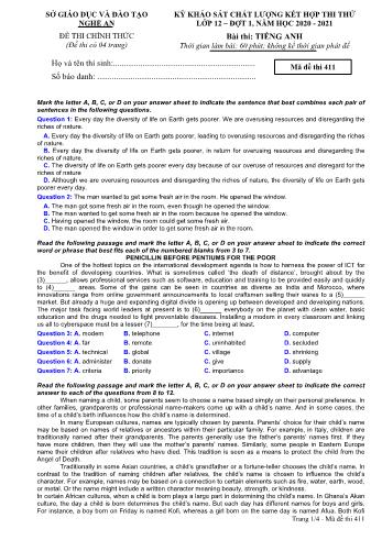 Đề thi thử THPT đợt 1 môn Tiếng Anh 12 (Mã đề 411) - Năm học 2020- 2021 (Kèm đáp án)