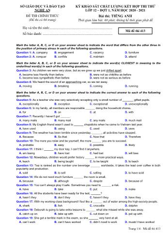 Đề thi thử THPT đợt 1 môn Tiếng Anh 12 (Mã đề 413) - Năm học 2020- 2021 (Kèm đáp án)