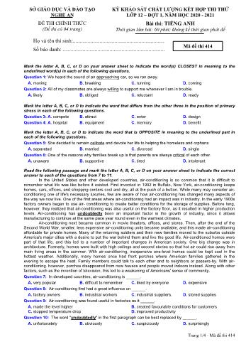 Đề thi thử THPT đợt 1 môn Tiếng Anh 12 (Mã đề 414) - Năm học 2020- 2021 (Kèm đáp án)