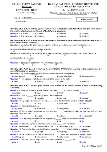 Đề thi thử THPT đợt 1 môn Tiếng Anh 12 (Mã đề 415) - Năm học 2020- 2021 (Kèm đáp án)