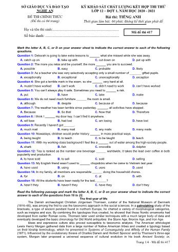 Đề thi thử THPT đợt 1 môn Tiếng Anh 12 (Mã đề 417) - Năm học 2020- 2021 (Kèm đáp án)
