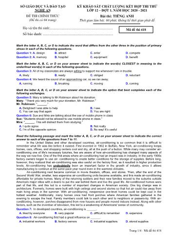 Đề thi thử THPT đợt 1 môn Tiếng Anh 12 (Mã đề 418) - Năm học 2020- 2021 (Kèm đáp án)