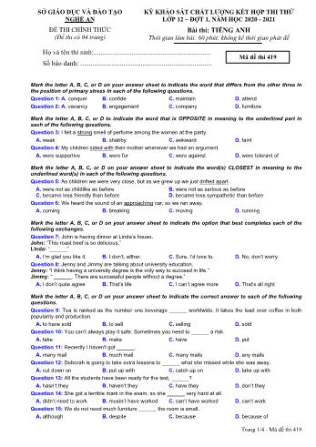 Đề thi thử THPT đợt 1 môn Tiếng Anh 12 (Mã đề 419) - Năm học 2020- 2021 (Kèm đáp án)