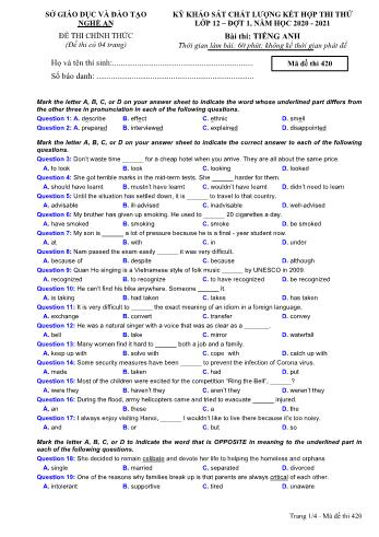 Đề thi thử THPT đợt 1 môn Tiếng Anh 12 (Mã đề 420) - Năm học 2020- 2021 (Kèm đáp án)