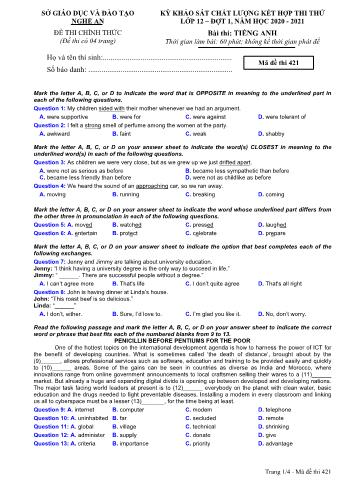 Đề thi thử THPT đợt 1 môn Tiếng Anh 12 (Mã đề 421) - Năm học 2020- 2021 (Kèm đáp án)