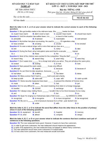 Đề thi thử THPT đợt 1 môn Tiếng Anh 12 (Mã đề 422) - Năm học 2020- 2021 (Kèm đáp án)