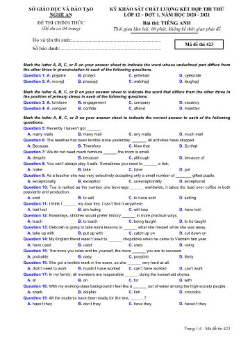 Đề thi thử THPT đợt 1 môn Tiếng Anh 12 (Mã đề 423) - Năm học 2020- 2021 (Kèm đáp án)