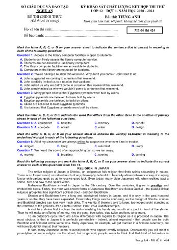 Đề thi thử THPT đợt 1 môn Tiếng Anh 12 (Mã đề 424) - Năm học 2020- 2021 (Kèm đáp án)