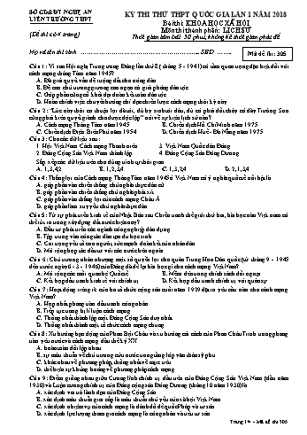 Đề thi thử THPT QG lần 1 môn Lịch sử Năm 2018 (Mã đề 305) - Trường THPT Liên Trường (Kèm đáp án)