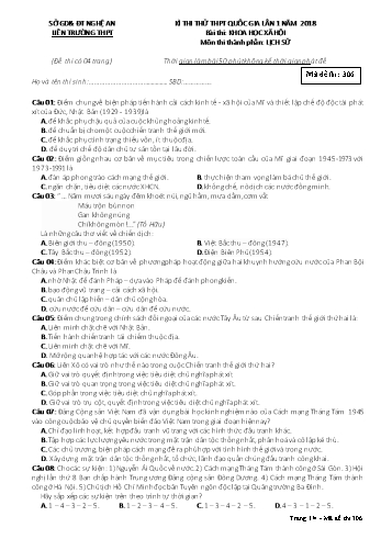 Đề thi thử THPT QG lần 1 môn Lịch sử Năm 2018 (Mã đề 306) - Trường THPT Liên Trường (Kèm đáp án)